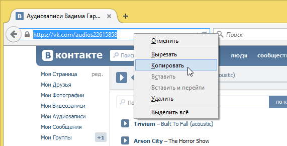 Копирование ссылки на раздел аудиозаписей ВКонтакте