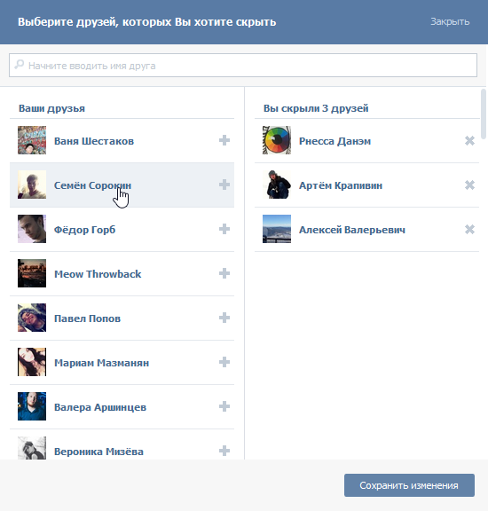 Окно выбора своих друзей ВКонтакте для скрытия